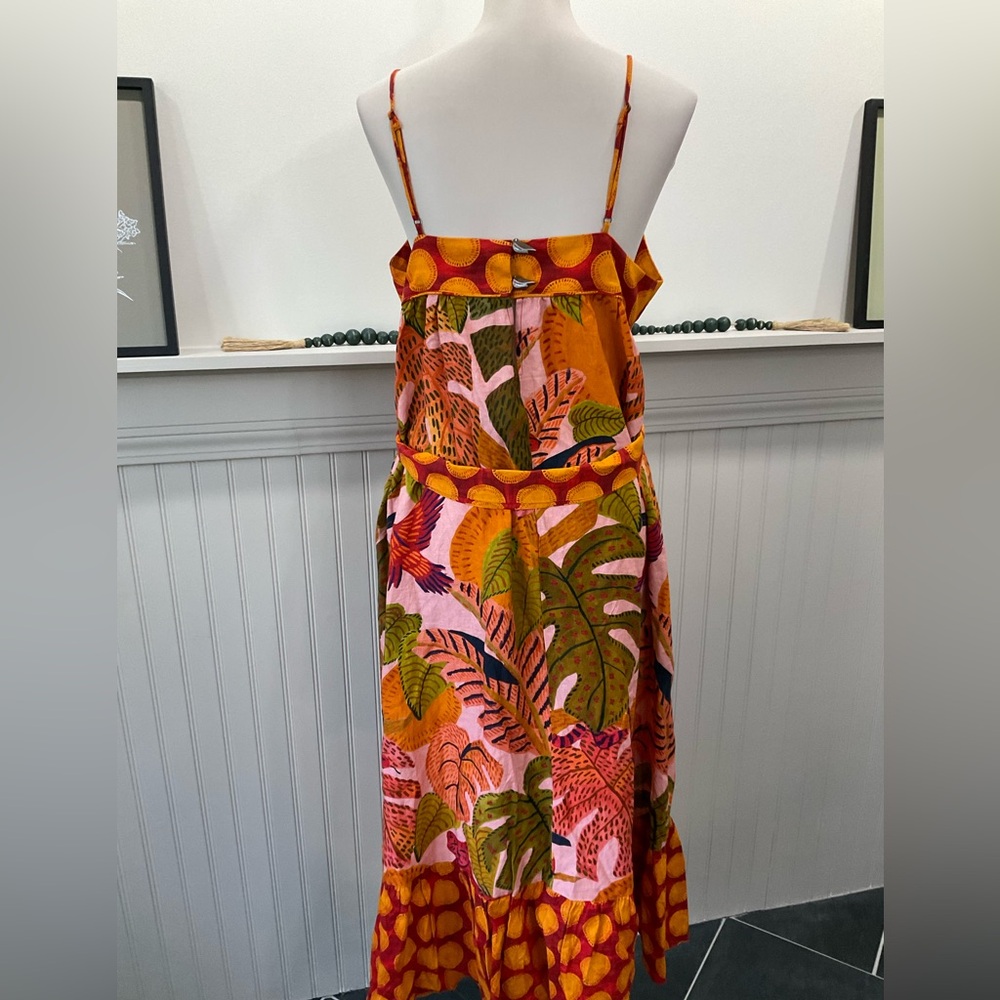 Farm Rio Summer Dream Maxi Dress Linen Blend NWT L/XL Bird Button Tropical Print - Picture 4 of 6